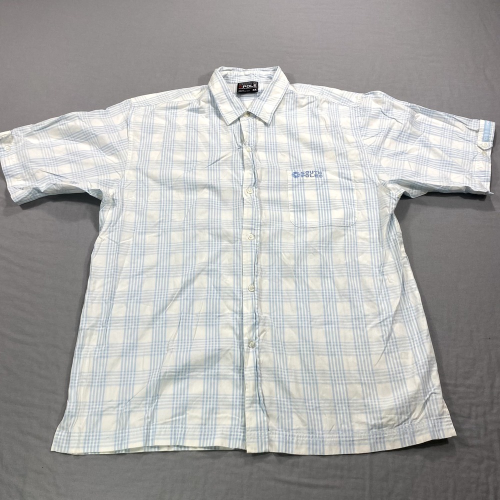 VINTAGE SouthPole‎ Shirt Adult XL Blue White Plaid Button Up Y2K Hip Hop Mens